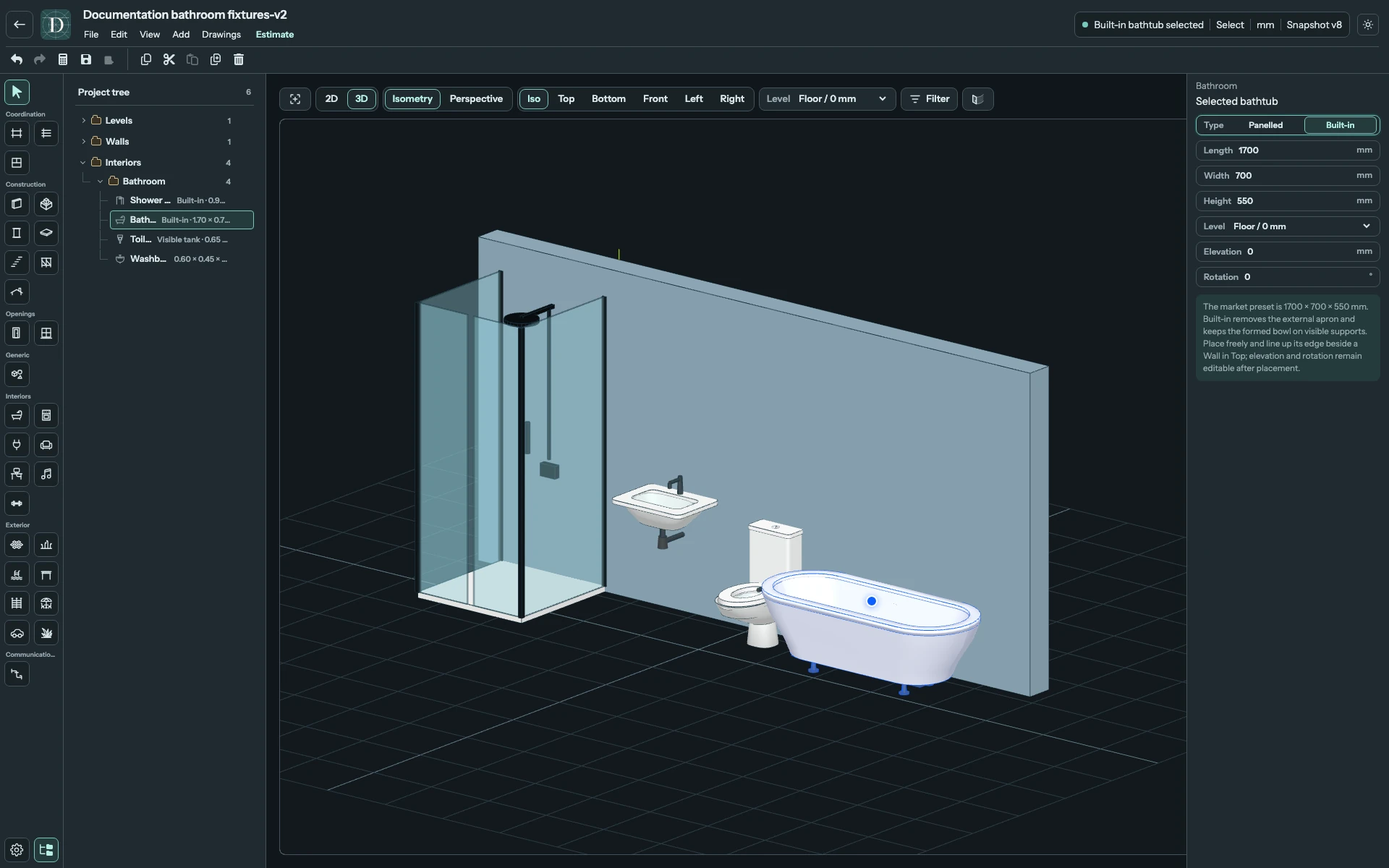 Full editor with the bathtub selected as Built-in alongside the other bathroom fixtures.