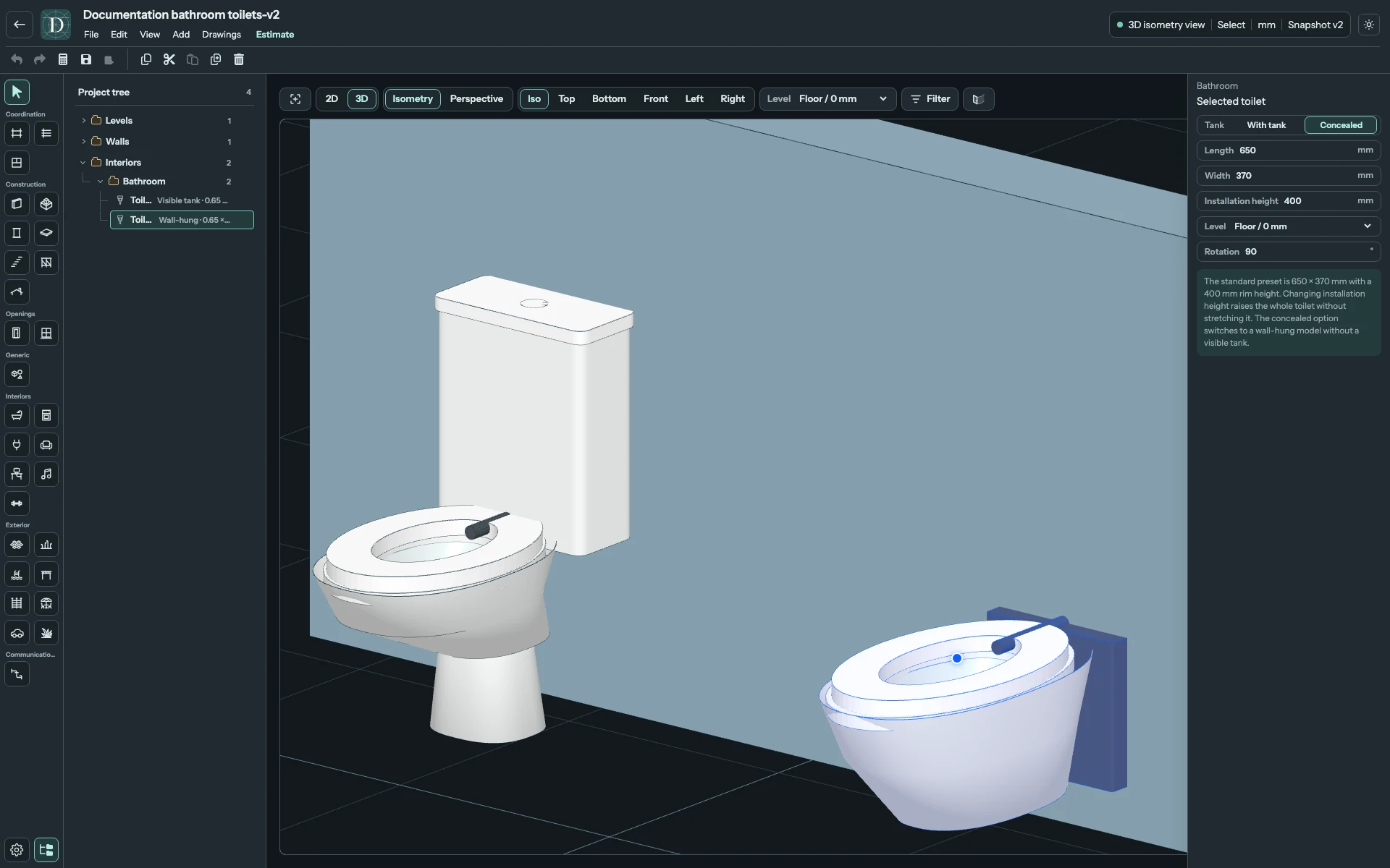 Full editor comparing toilets with a visible tank and a concealed tank, with the wall-hung model selected.