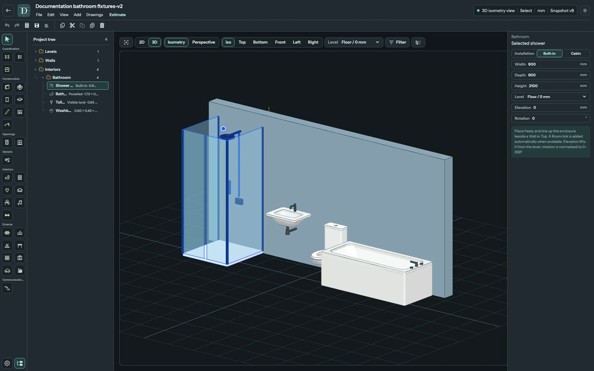 Full editor showing the same four fixtures in a close 3D bathroom view.