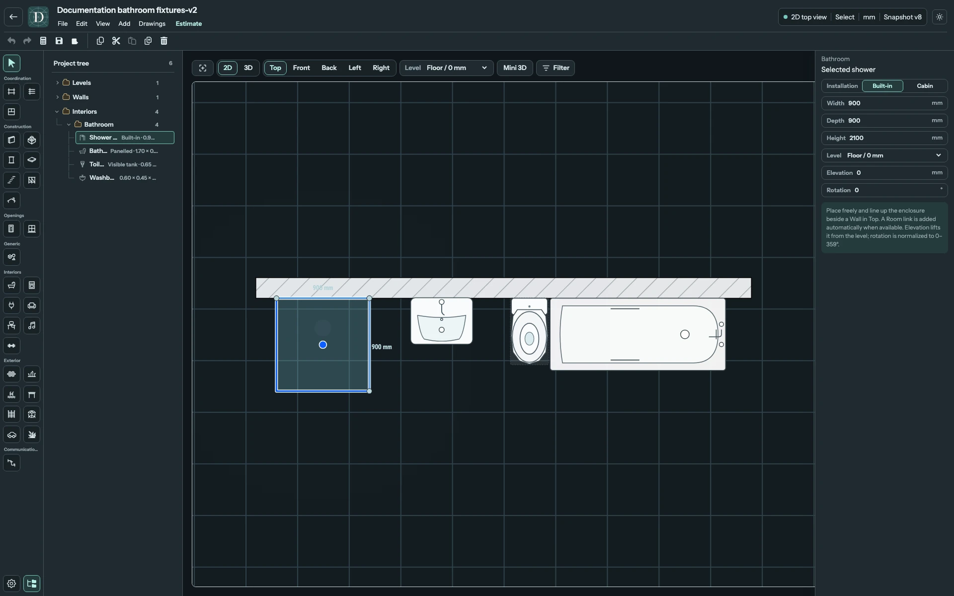 Full editor in Top 2D showing the shower, washbasin, toilet and bathtub arranged along a Wall.