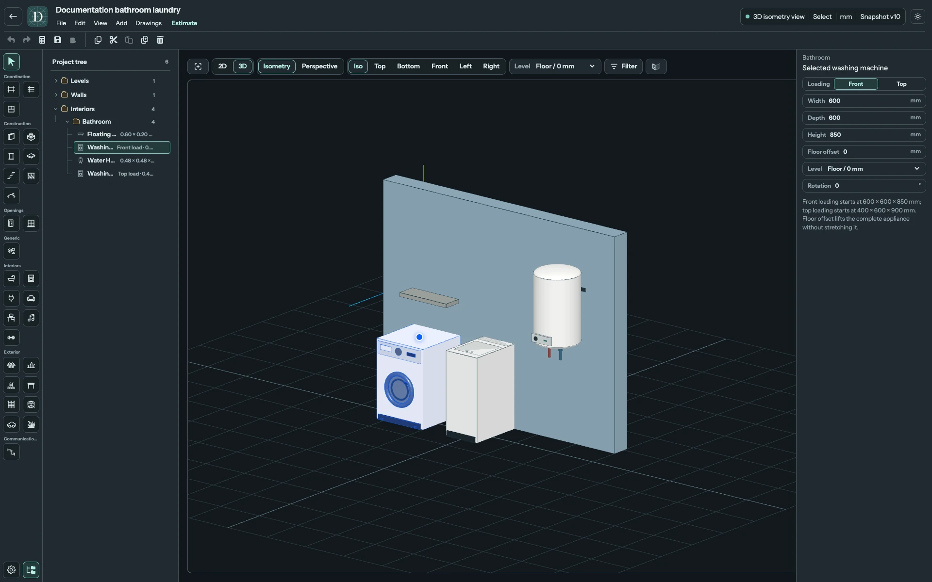 Full editor showing the positioned washing machines, floating shelf and elevated water heater in a close 3D view.