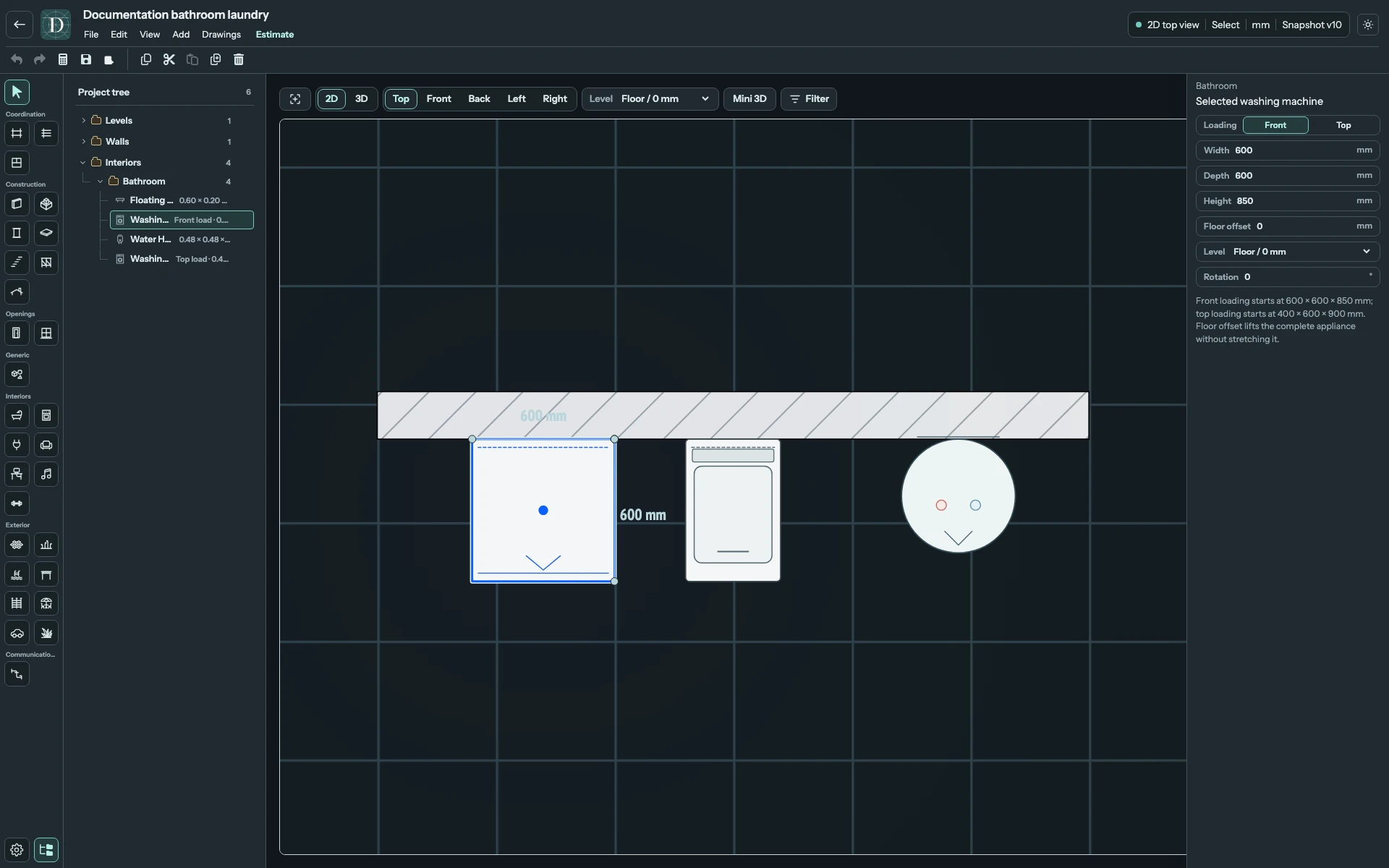 Full editor in Top 2D with front- and top-loading washing machines, a floating shelf and a water heater along the Wall.