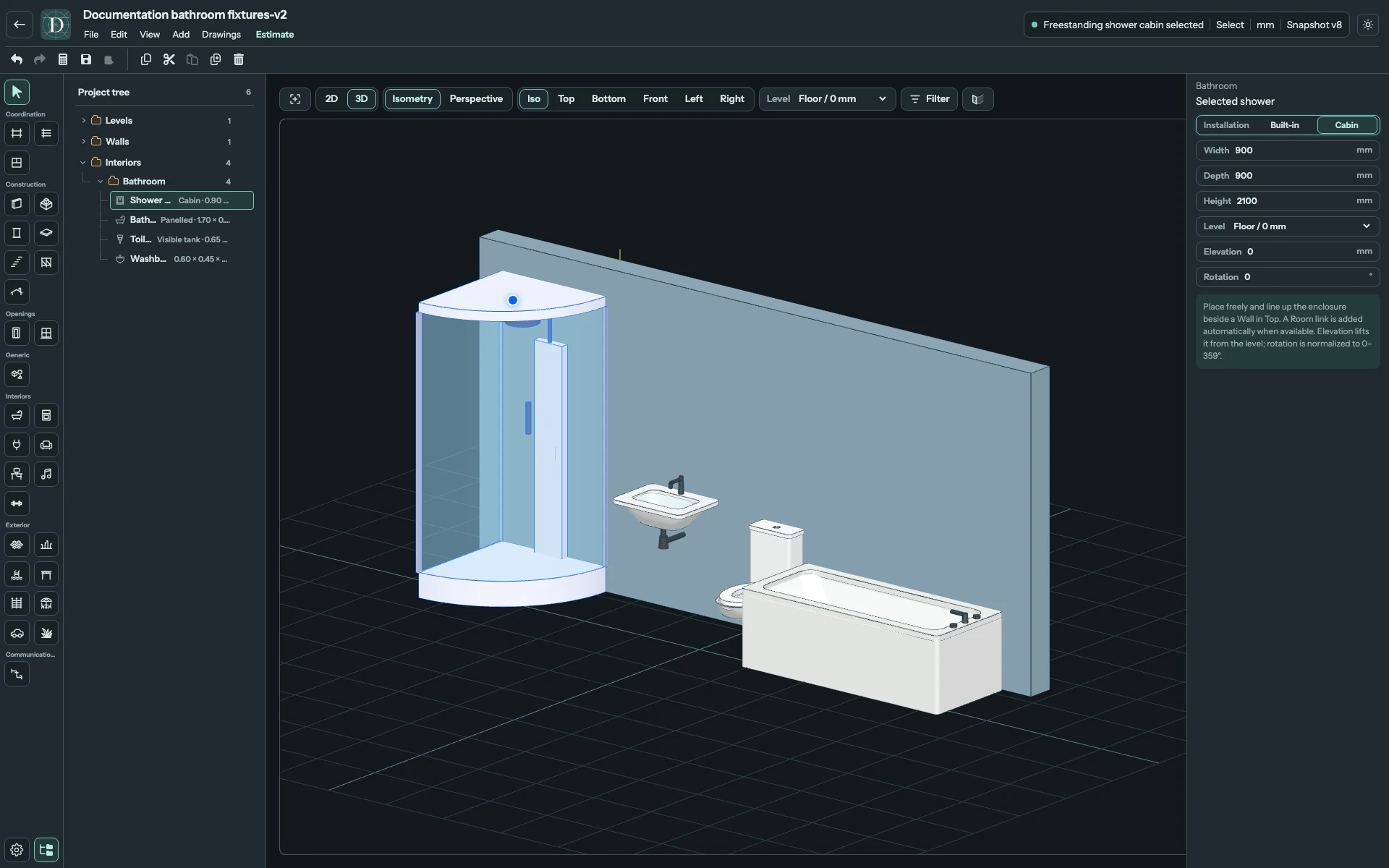 Full editor with the same shower switched to Cabin, showing its rear enclosure and raised tray.