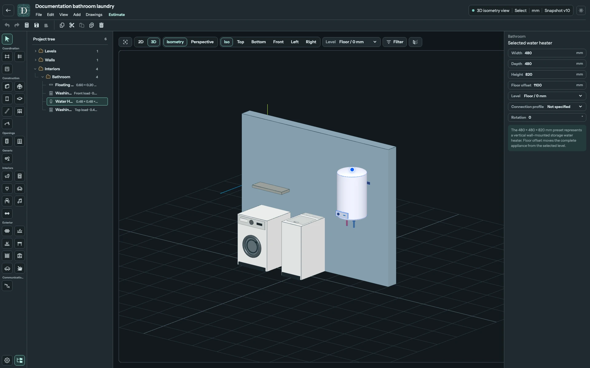 Full editor with the water heater selected beside the laundry appliances and its complete settings visible.