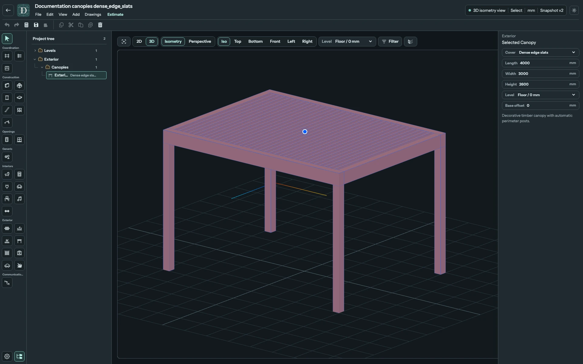 Dense edge slats changes the cover while retaining the 4000 × 3000 mm frame. Complete 3D editor focused on the same-sized Canopy with dense timber slats.