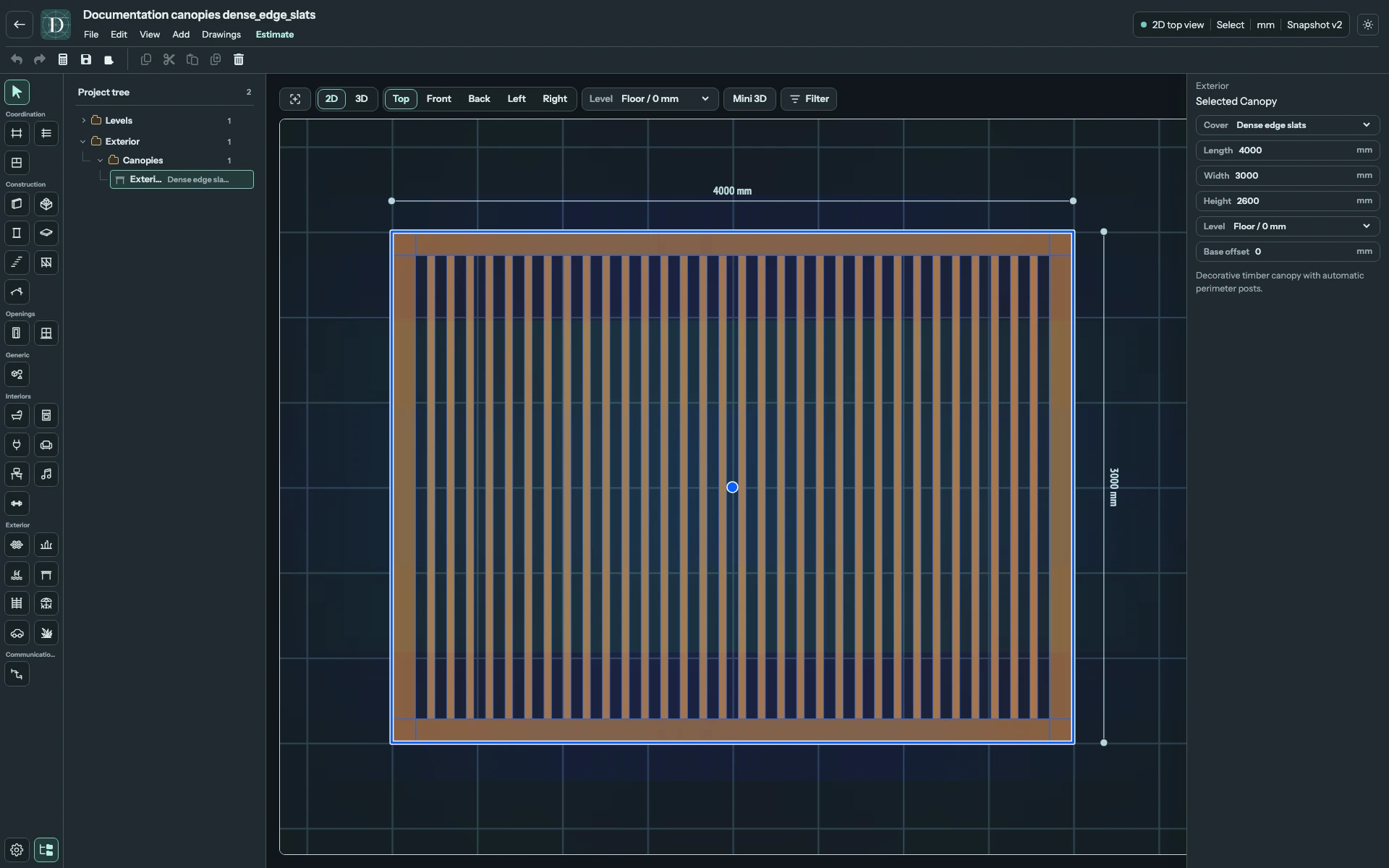 Top shows the outer frame and slat arrangement, with Length and Width in the panel. Complete Top editor focused on a 4000 × 3000 mm dense-slat Canopy and its footprint.