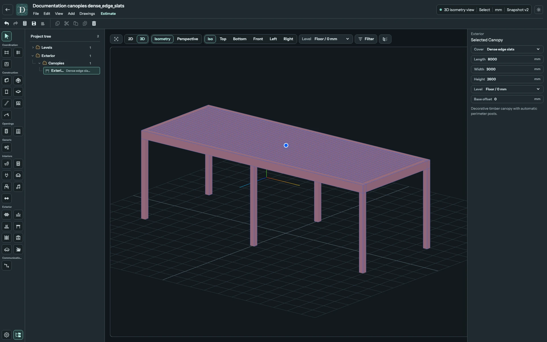 Increasing Length from 4000 to 8000 mm lengthens the cover and adds intermediate perimeter posts. Complete 3D editor showing the dense-slat Canopy after increasing Length to 8000 mm.