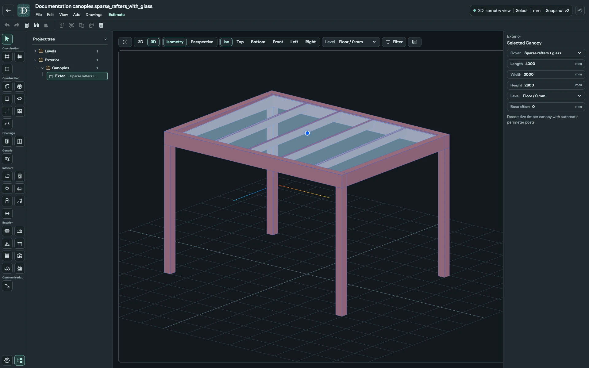 Sparse rafters + glass makes the cover panels and their supporting members visible together. Complete 3D editor focused on a Canopy with sparse rafters and transparent glass panels.