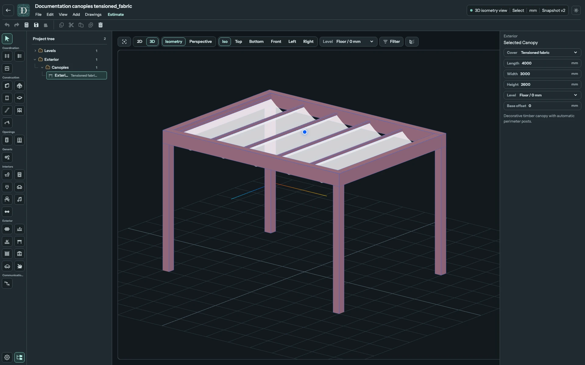 Tensioned fabric covers the timber frame; the selected object and all six panel controls are visible. Complete 3D editor focused on a tensioned-fabric Canopy and its four corner posts.