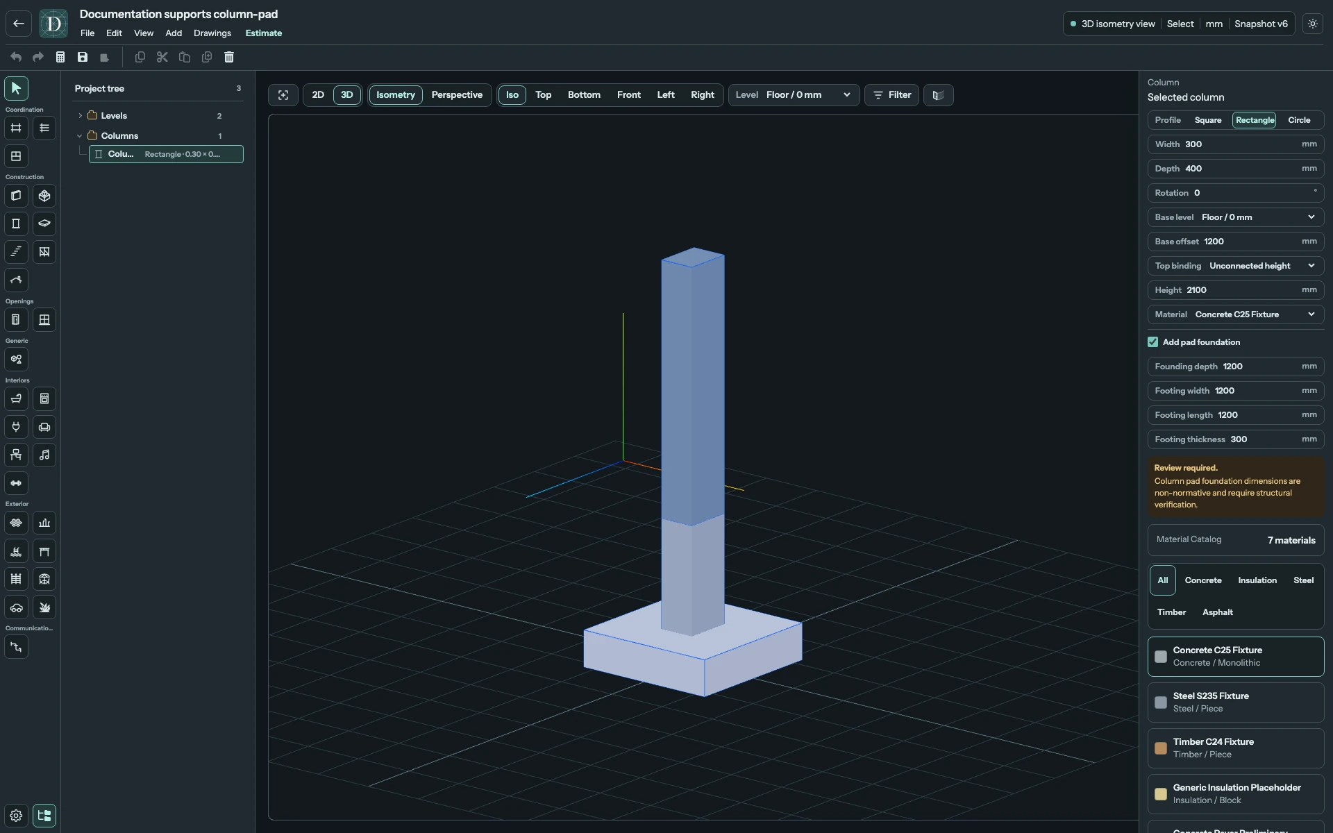 Full 3D editor focused on one Column, its pedestal and wide footing, with all pad settings visible.