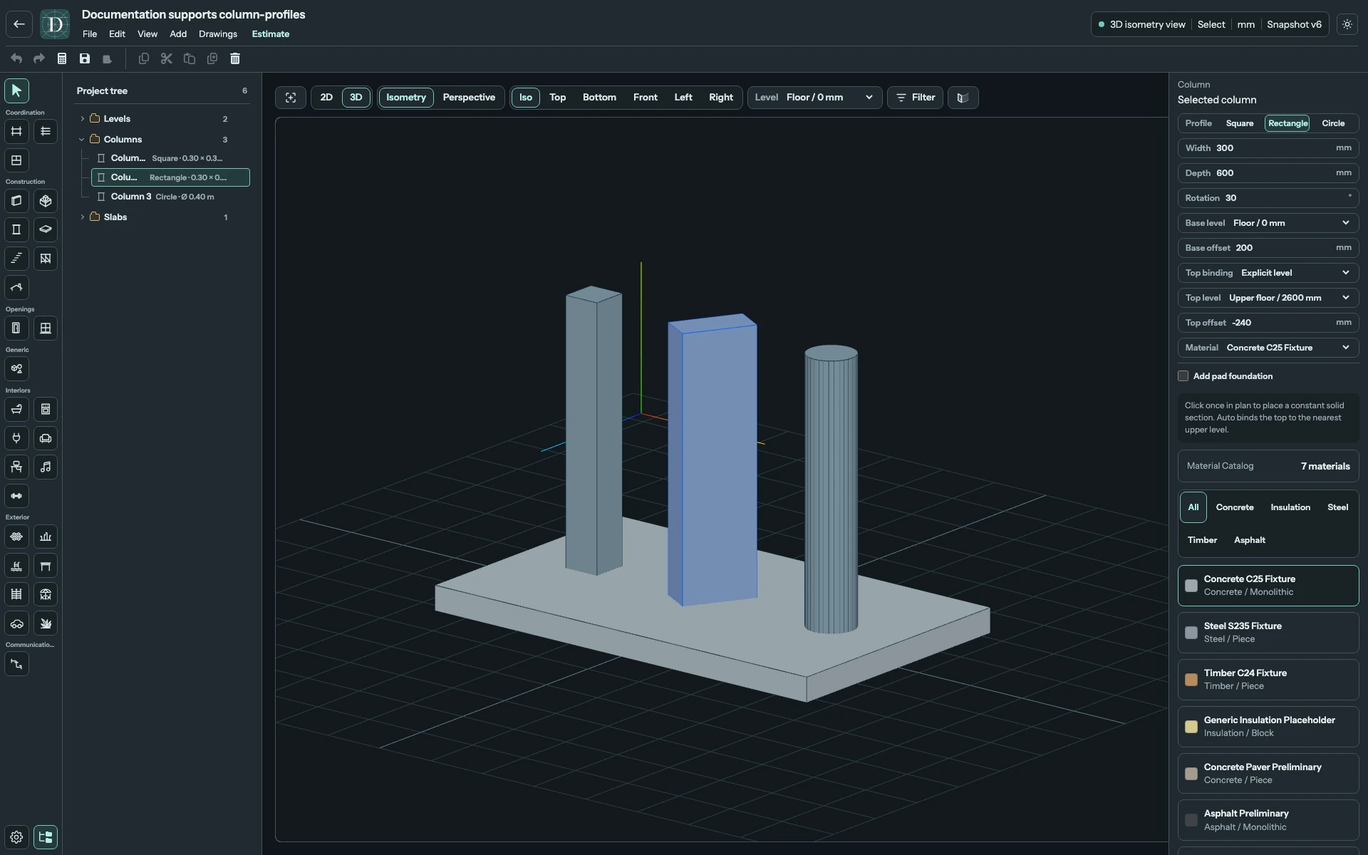 Full 3D editor showing the same three Columns and their platform.