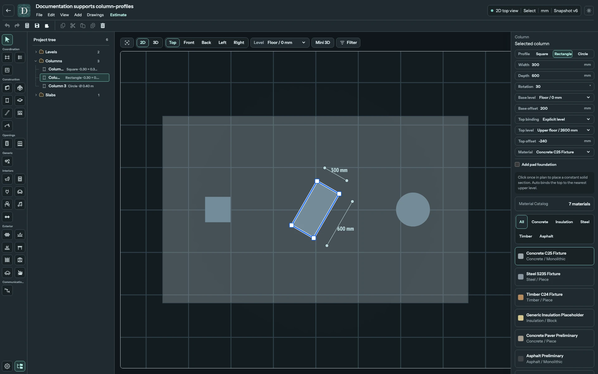 Full Top editor focused on three Column sections on a platform, with the rectangular Column selected.