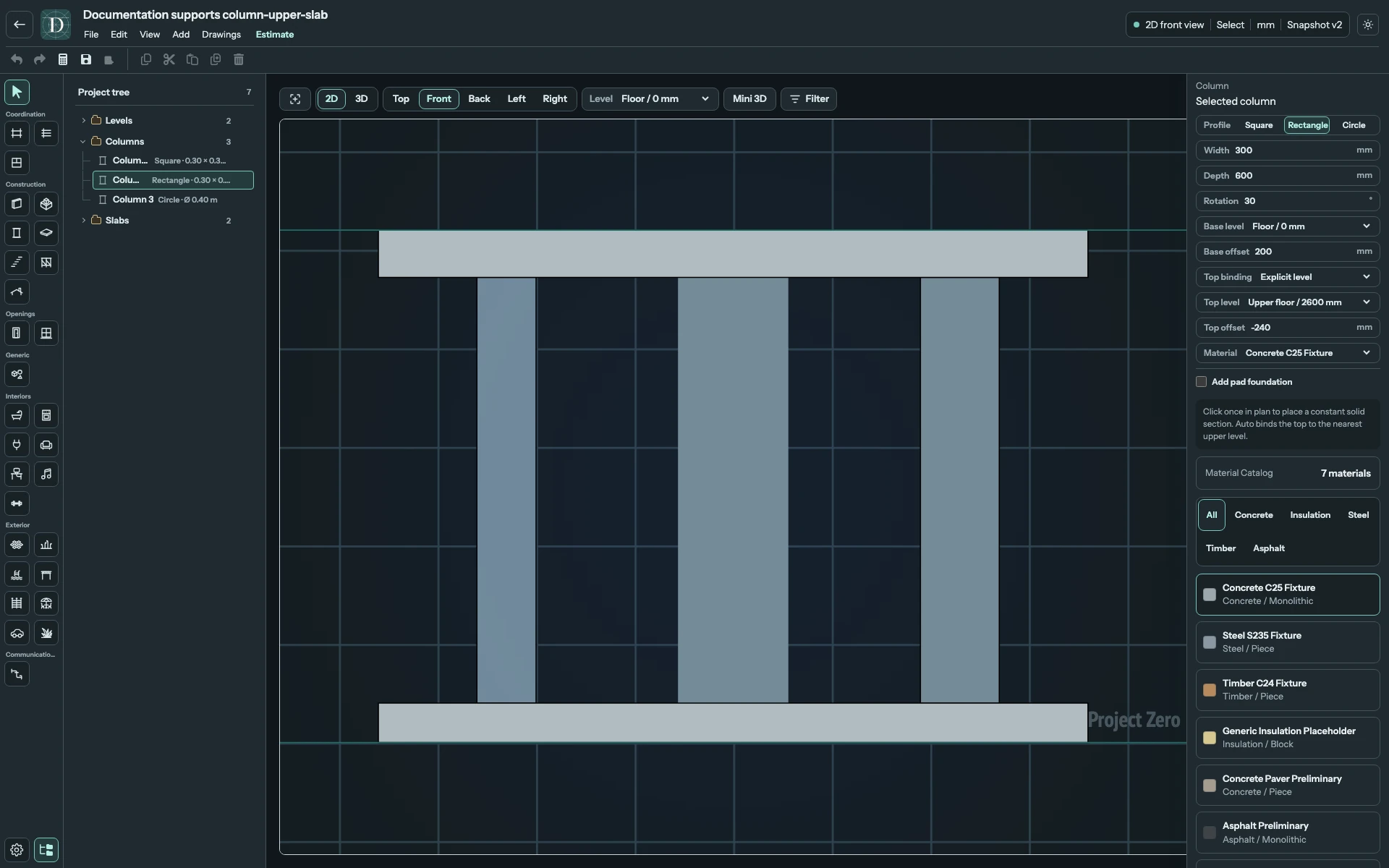 Full Front editor focused on three Columns between a platform and an upper slab, with Explicit level and Top offset -240 mm selected.