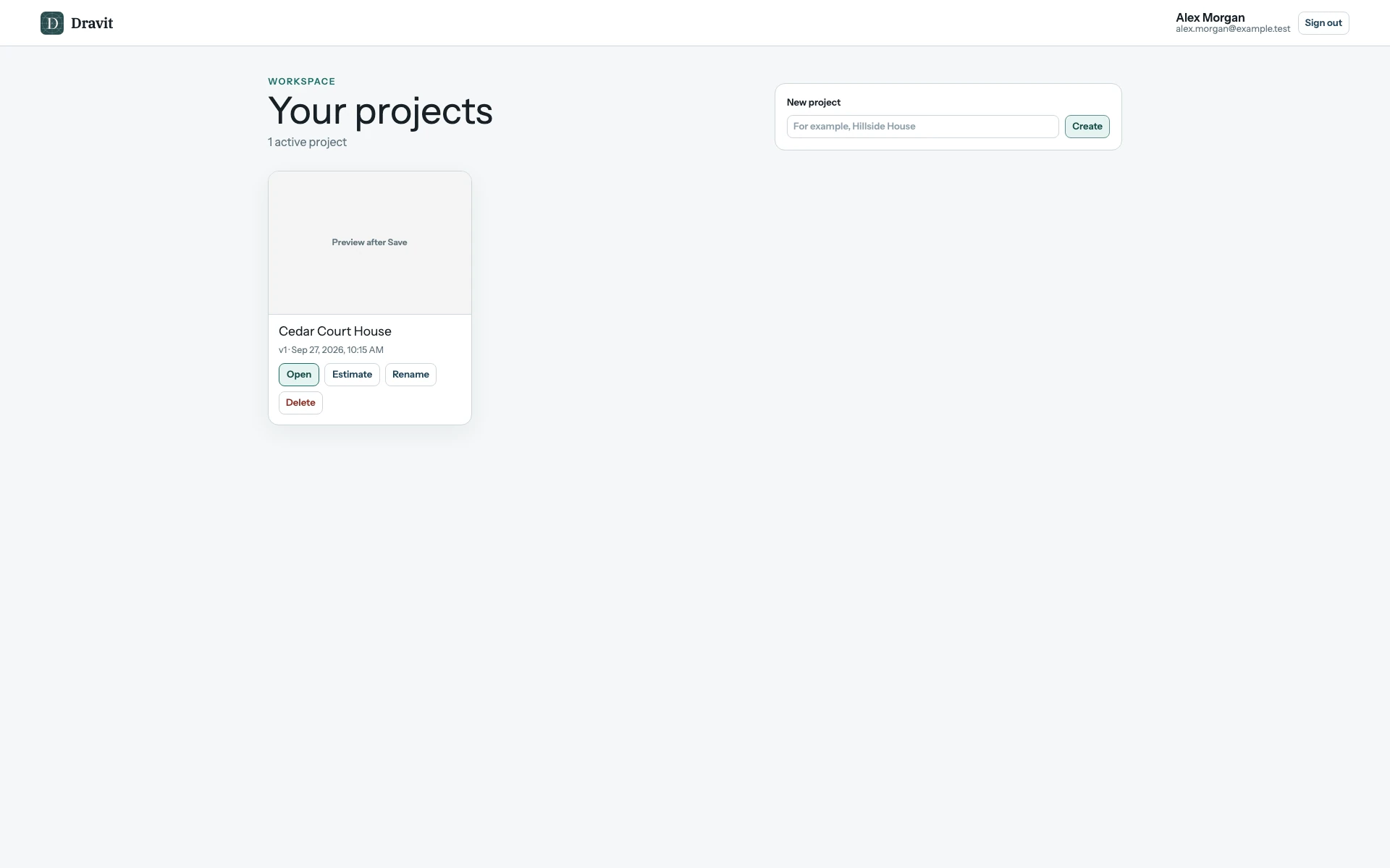 The complete Projects page after creation, showing the Cedar Court House card with its Open action and initial v1 snapshot.