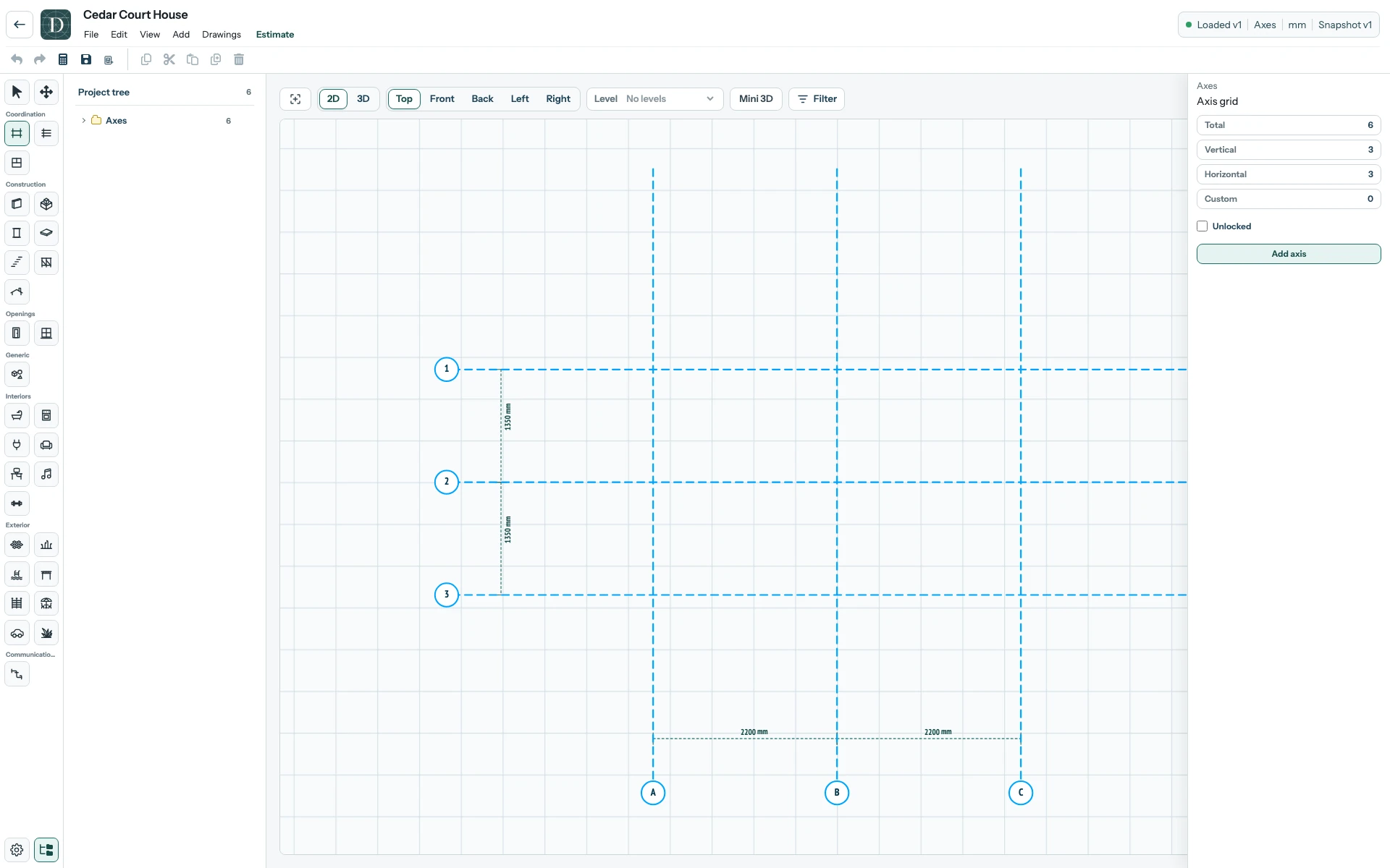 The complete editor for the new Cedar Court House project, showing six starter Axes in Top 2D, No levels in the Level selector, and Loaded v1 in the header.