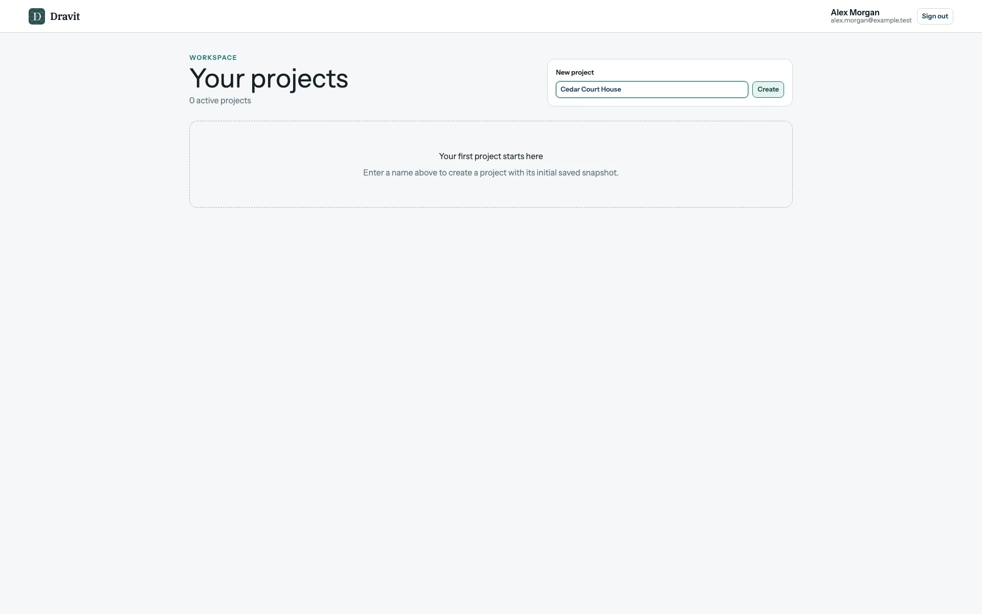 The complete Projects page before creation, with Cedar Court House entered in the New project field beside Create.