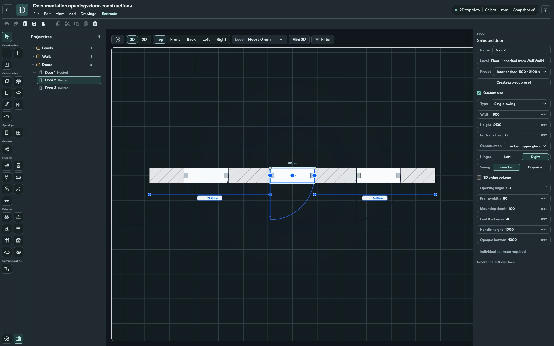 Full Top editor with three wall-hosted Doors and the middle Door's 90° swing arc, Right hinges and Selected swing.