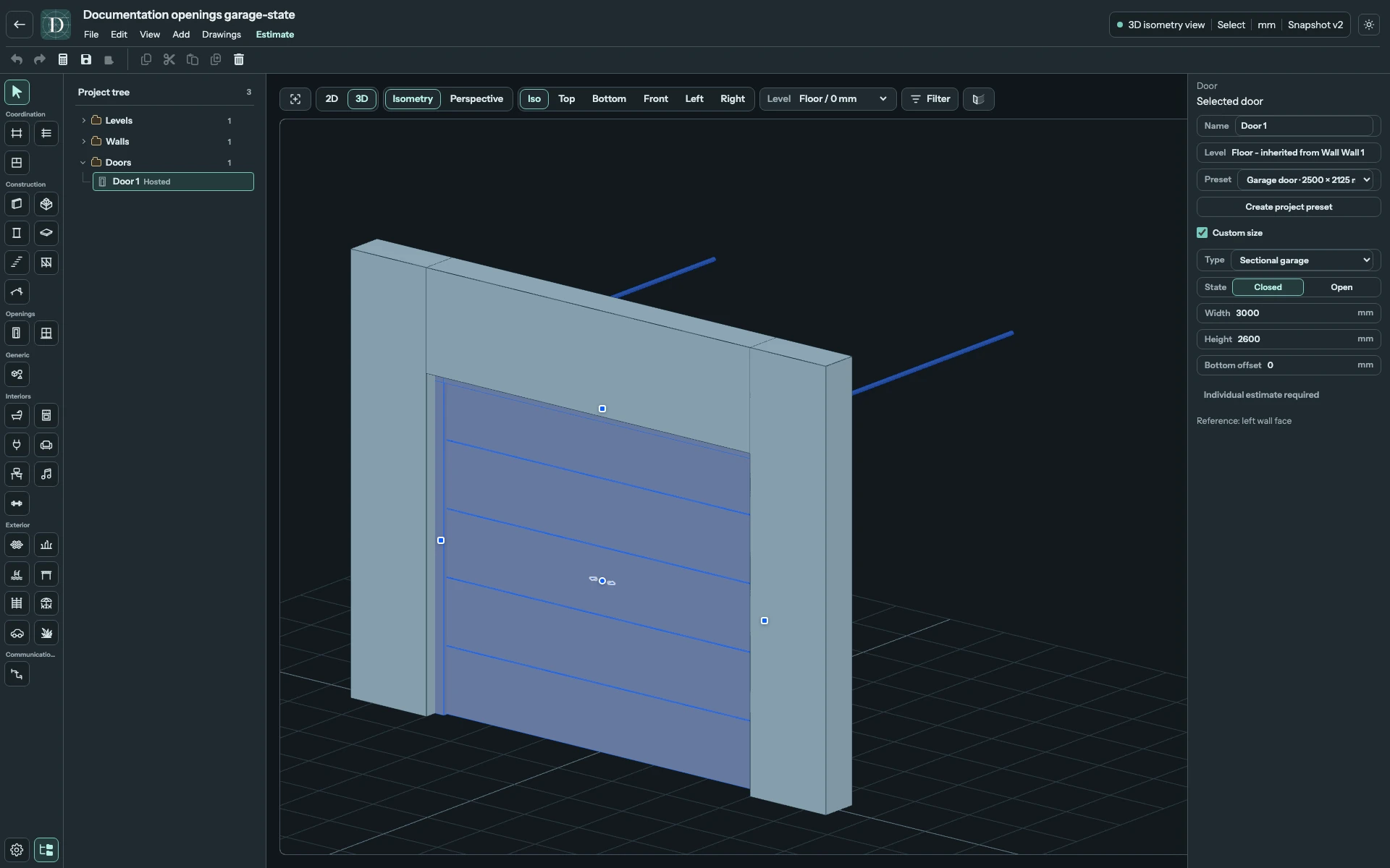 Full 3D editor with a closed 3000 × 2600 mm sectional garage Door in its Wall opening.