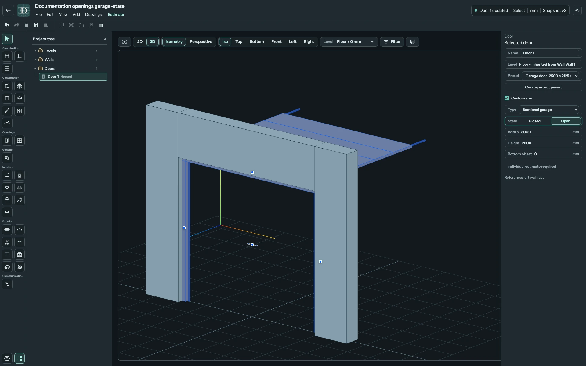 Full 3D editor of the same garage Door in Open state, with its panels raised along the overhead tracks.