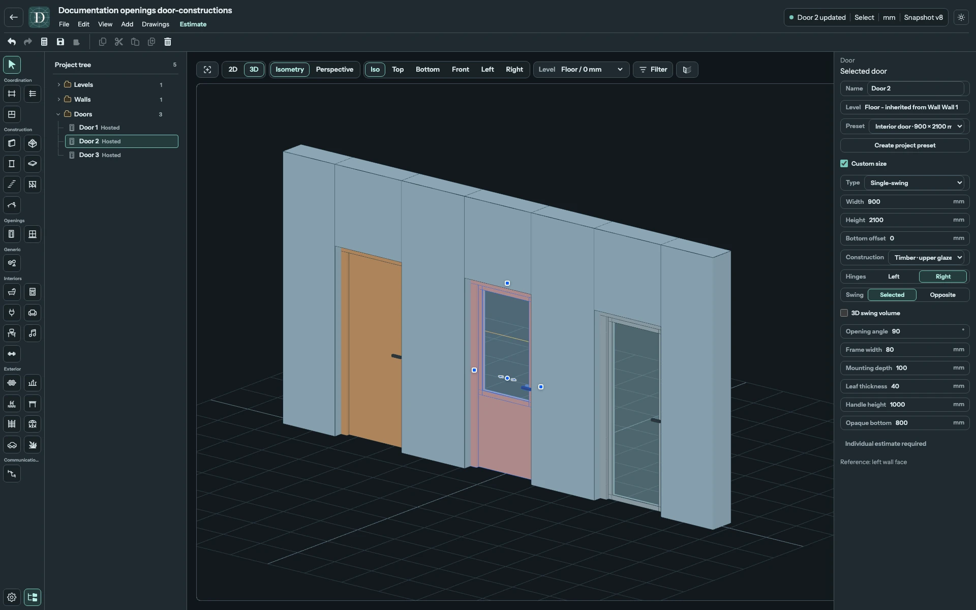 Full 3D editor of the same three Doors, with the middle Door's Opaque bottom reduced to 800 mm.