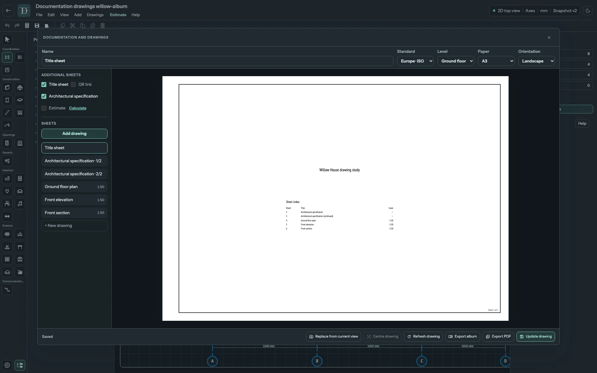 Complete drawing workspace showing the Title sheet with the additional-sheet controls and saved ordinary drawings.