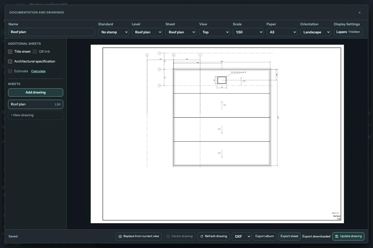 Drawing workspace with DXF selected and separate Export album and Export sheet buttons.