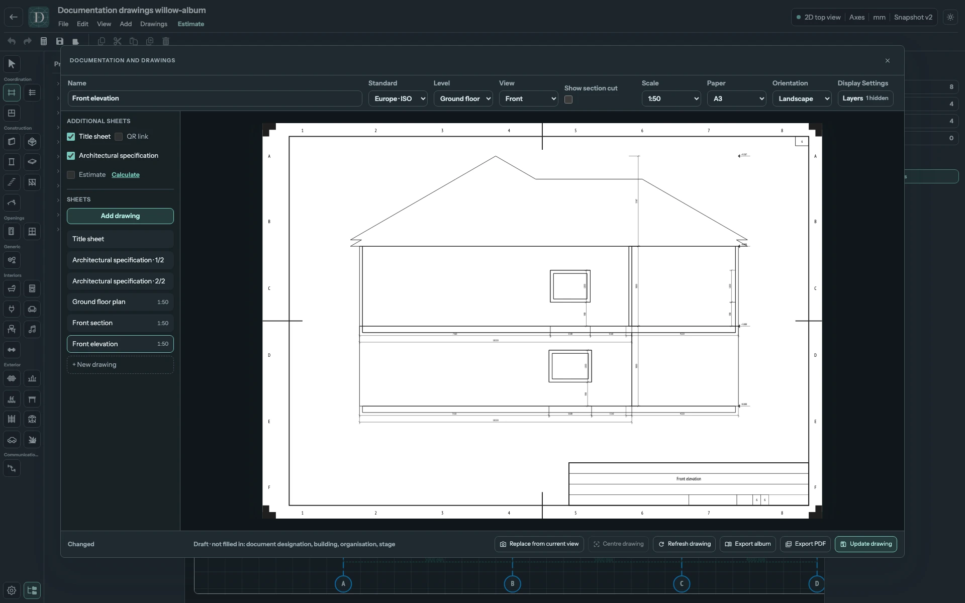 Elevation: the model is viewed from the Front without a cut. Complete drawing workspace with Front selected and Show section cut off, showing the house elevation and openings.