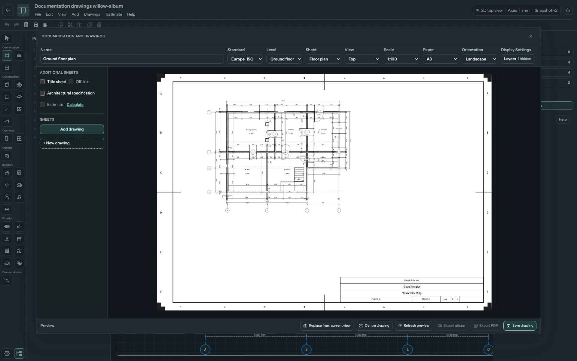 Complete drawing workspace with the ground-floor plan manually shifted on its paper and Centre drawing available.