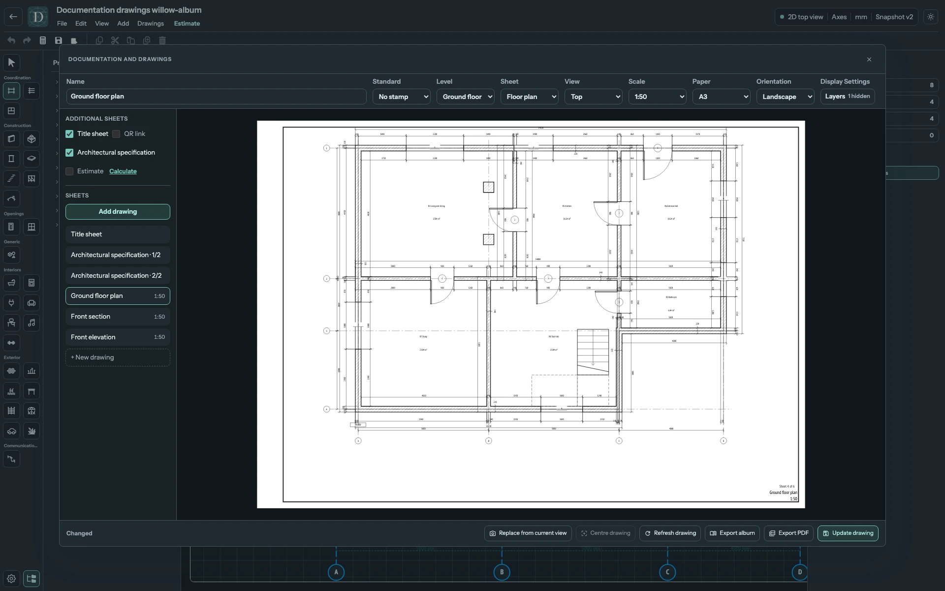 No stamp removes the editable block; the sheet still has its drawing identity. Complete drawing workspace with No stamp selected and no editable title-block grid.