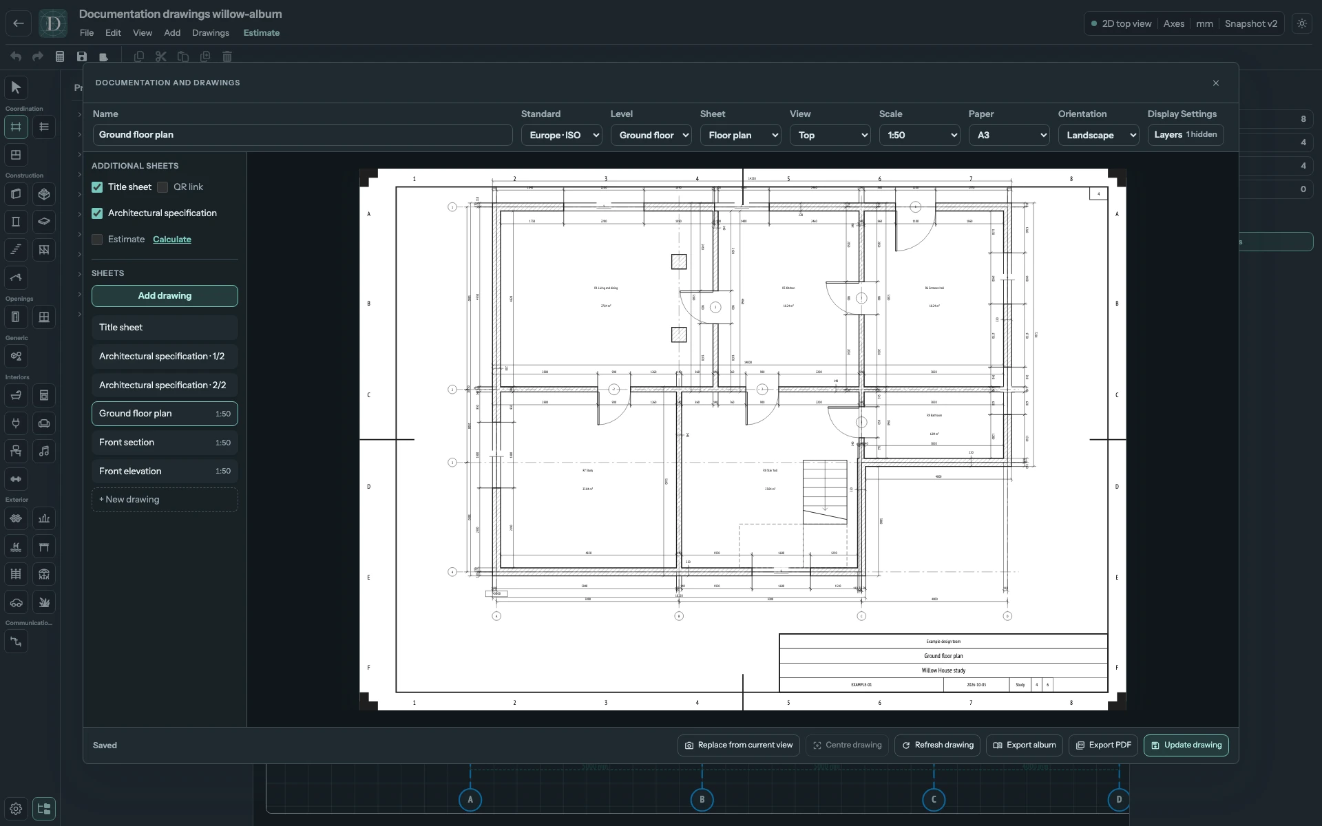 Complete drawing workspace with the saved ground-floor plan, dimensions and Room labels on A3 paper at 1:50.