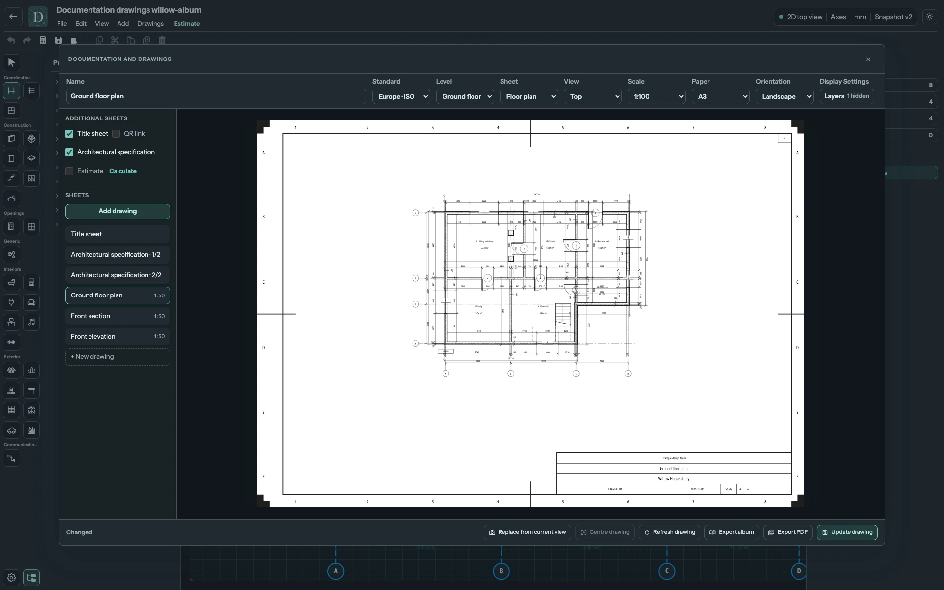 Complete drawing workspace showing the same plan at 1:100 on the same A3 paper.