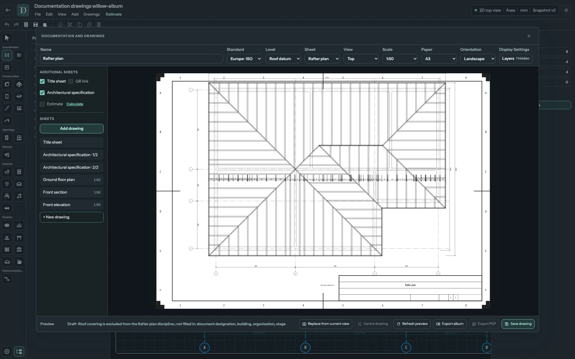 Complete drawing workspace with Rafter plan selected for the same Roof, showing its framing members.