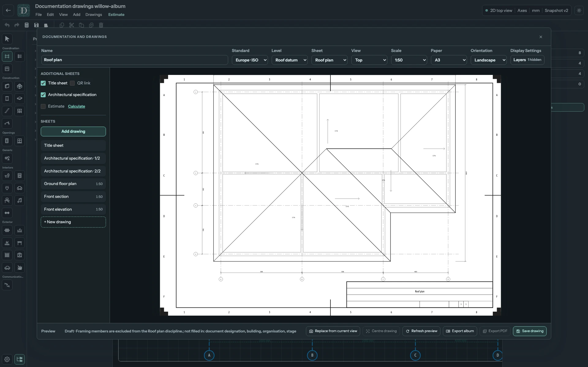 Complete drawing workspace with Roof plan selected on the Roof datum, showing slope outlines and pitch annotations.