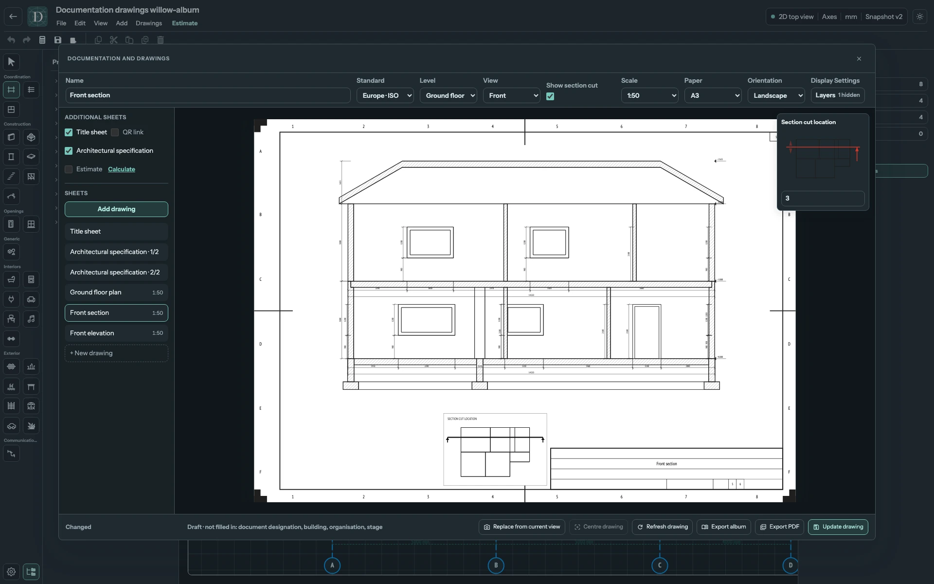After: the plane is at 3 m. Both depths belong to this demonstration model. Complete drawing workspace with the same Front section at depth 3 and the changed cut geometry and key plan.