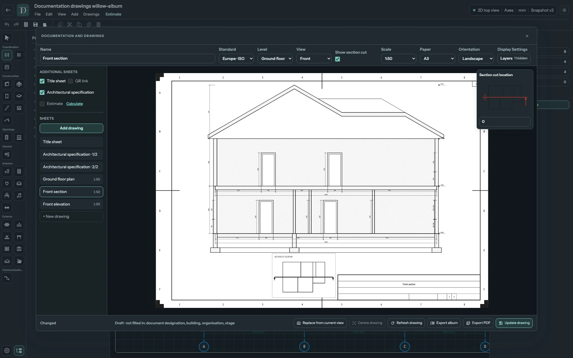 Before: the Front cutting plane is at model depth 0 m. Complete drawing workspace with Front section at depth 0 and a red cutting line in the key plan.