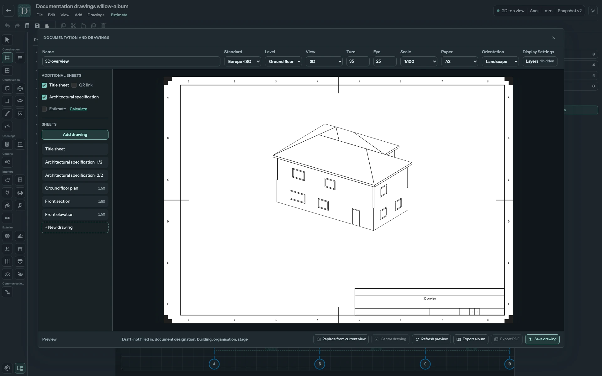 Complete drawing workspace showing a 3D line view with Turn 35 and Eye 25.