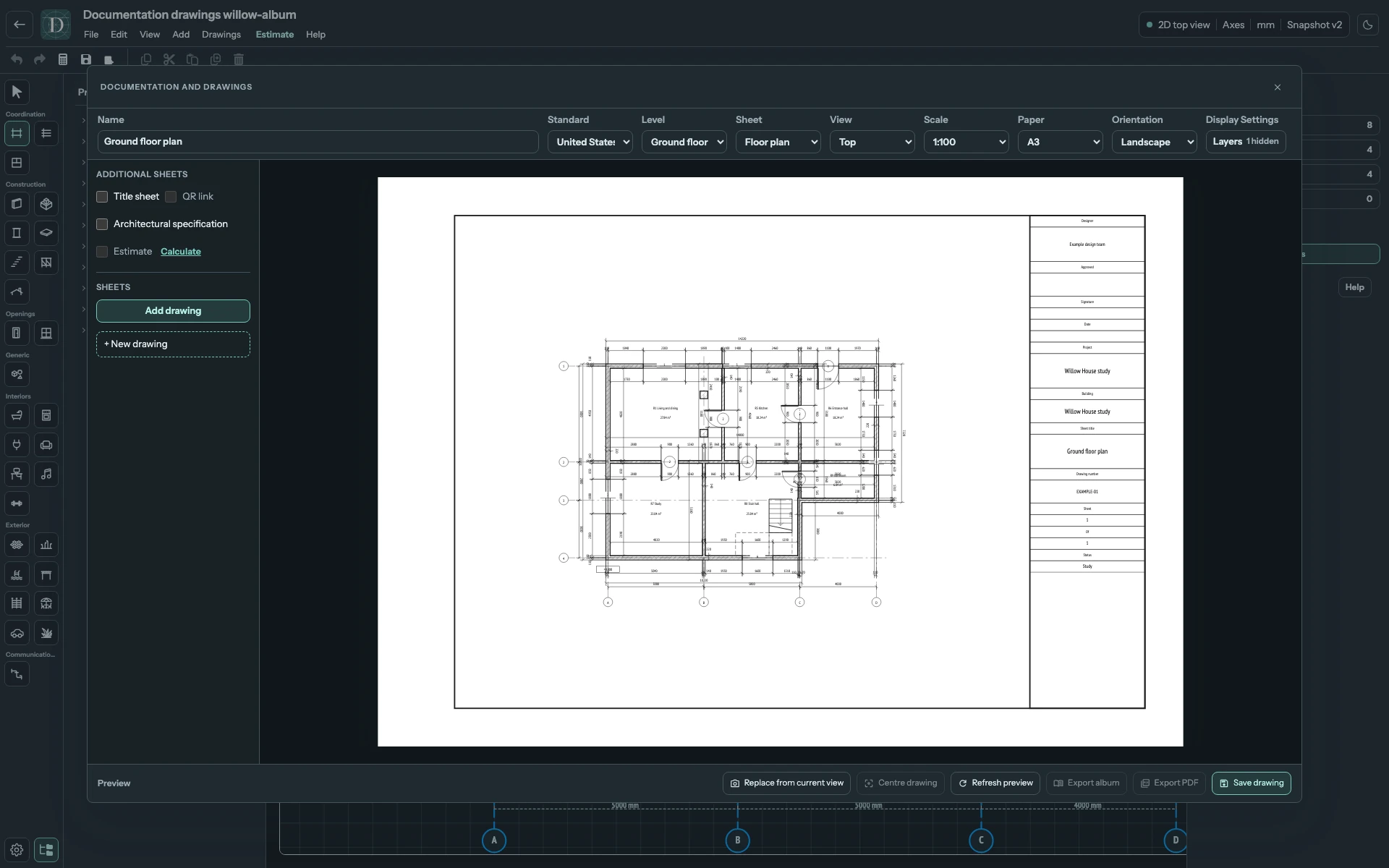 The A/E/C example uses the right edge for identification. Approval and signature cells remain blank. Complete drawing workspace with the United States AEC vertical title block and the same ground-floor plan.