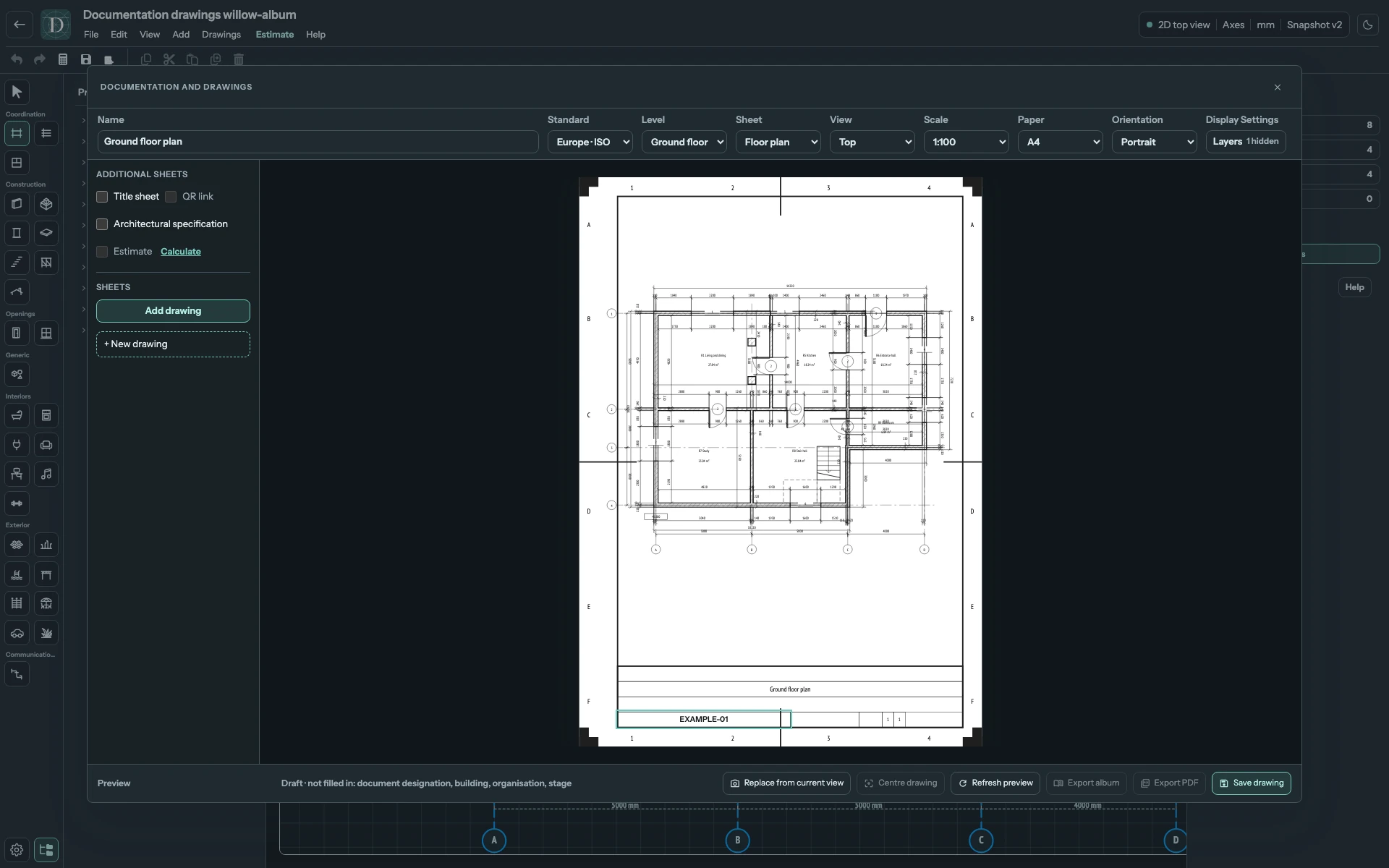 The example edits a document designation directly on the sheet. On A4 the same block fills more of the preview, so the open field is legible; the other examples use A3. Complete drawing workspace on A4 paper with the document designation title-block cell open and EXAMPLE-01 typed in its input.