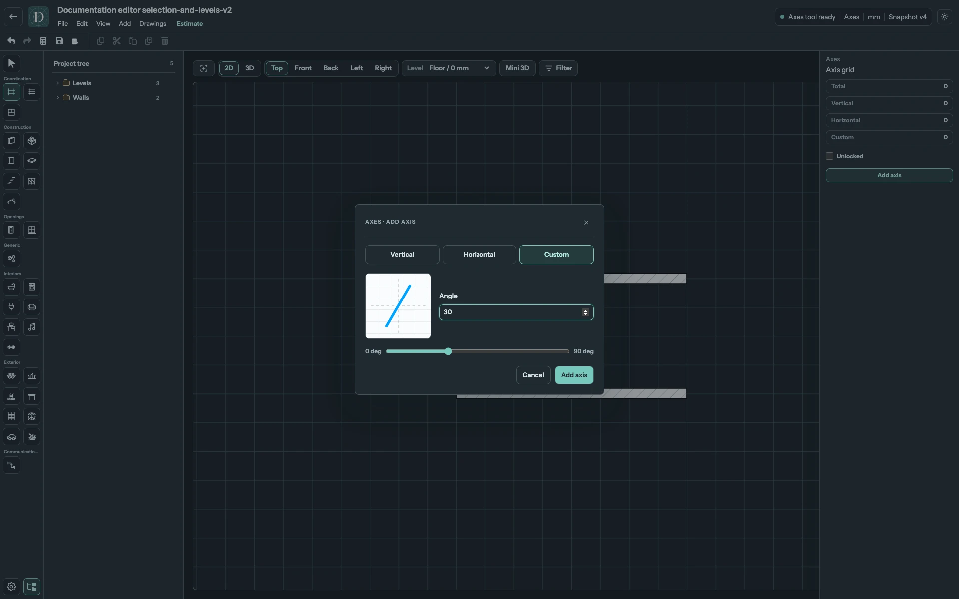 Custom exposes Angle and its slider; Vertical and Horizontal fix the angle. Full Top editor with the Add axis dialog set to Custom at 30 degrees and its direction preview visible.