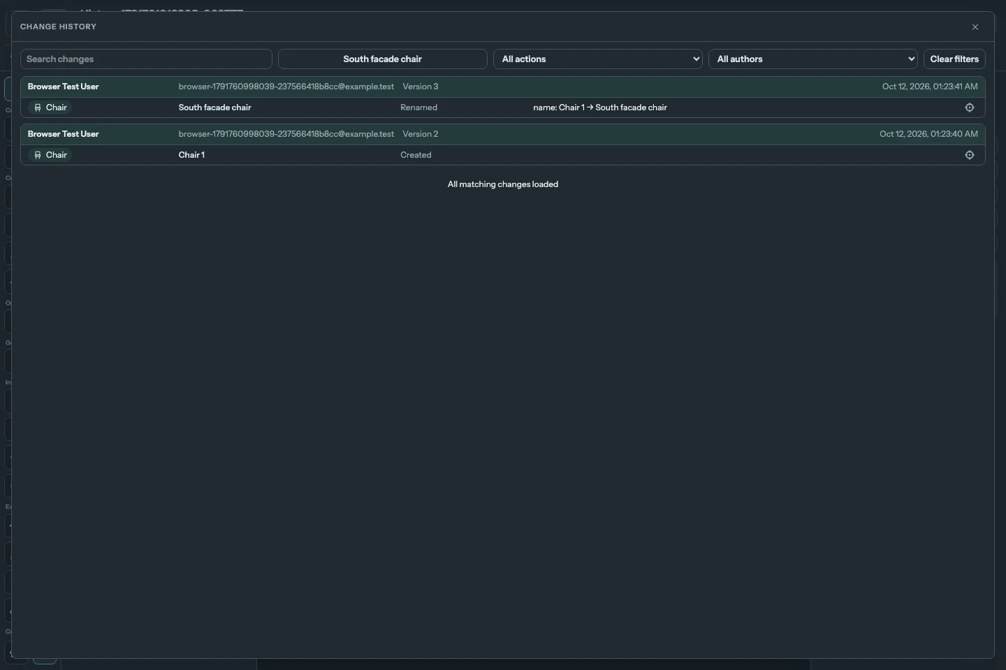 The complete editor with a Chair's saved creation and rename grouped by version.