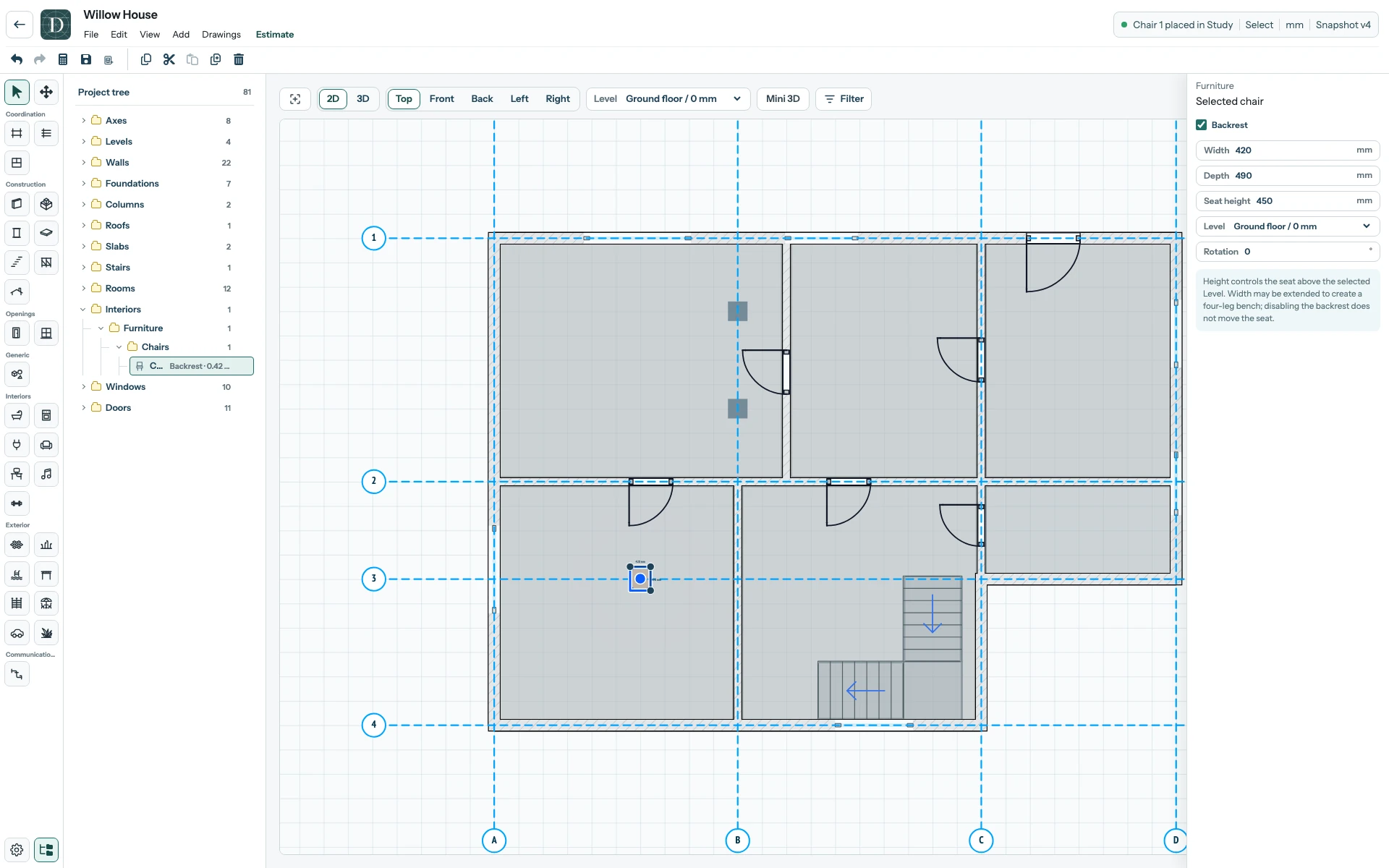 Before: the Chair belongs to Ground floor. The complete Willow House editor before reassignment, with the selected Chair on Ground floor in both the right panel and active Level selector.