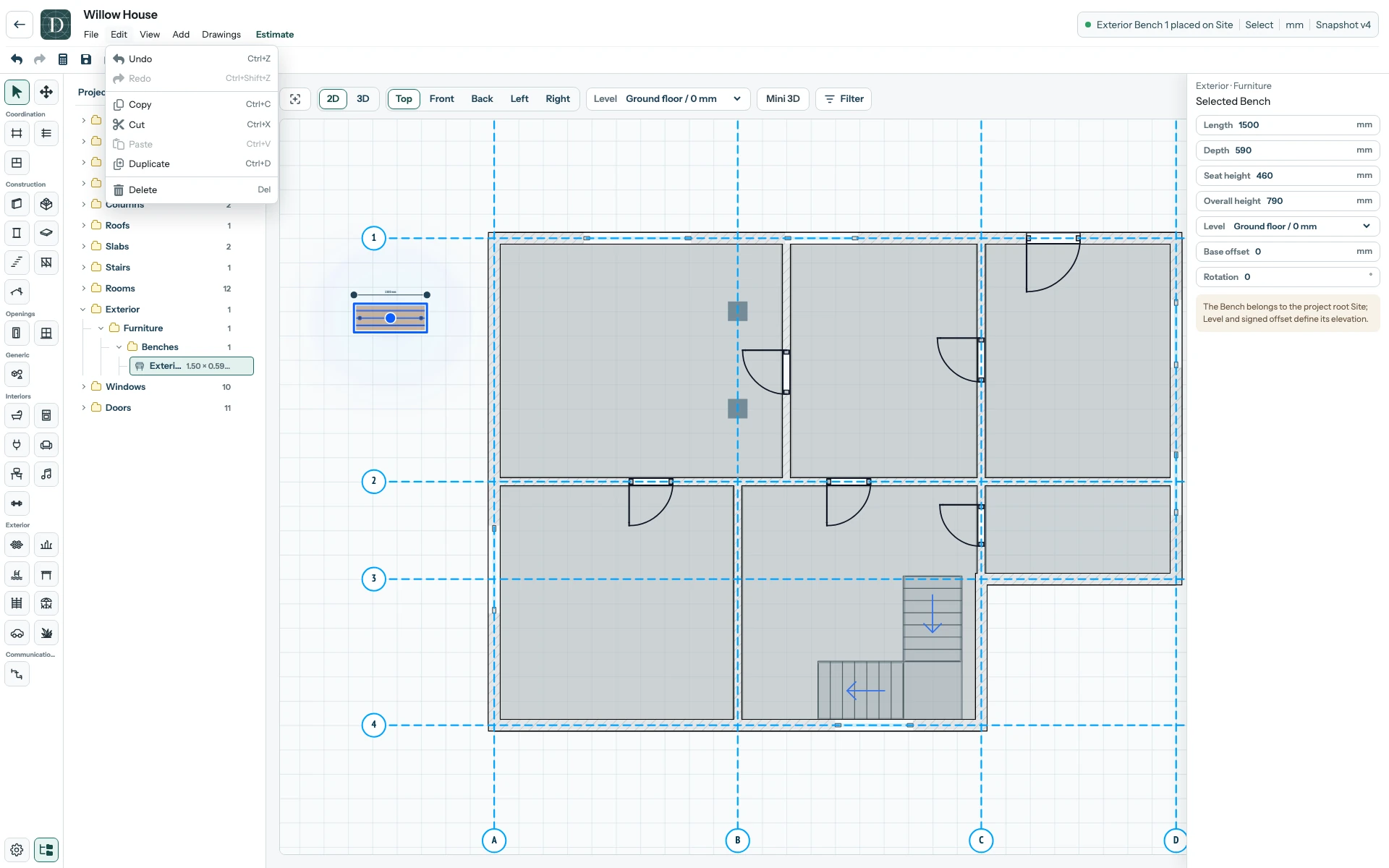 The complete Willow House editor after placing an exterior Bench, with Edit open and Undo enabled.