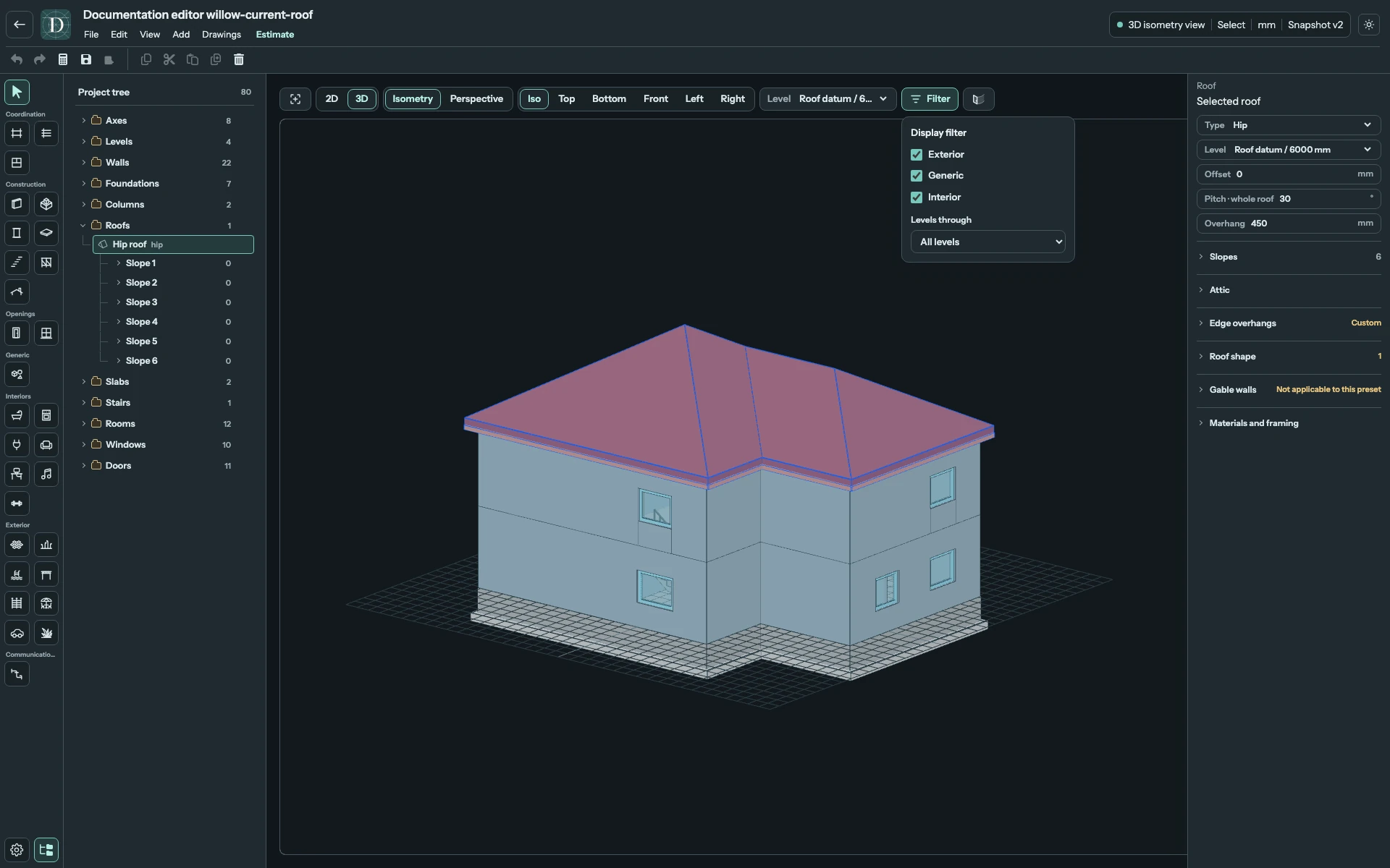 Filter changes what is shown, not what the project stores. Full editor with a two-storey house, Display filter open and its category and Levels through choices visible.