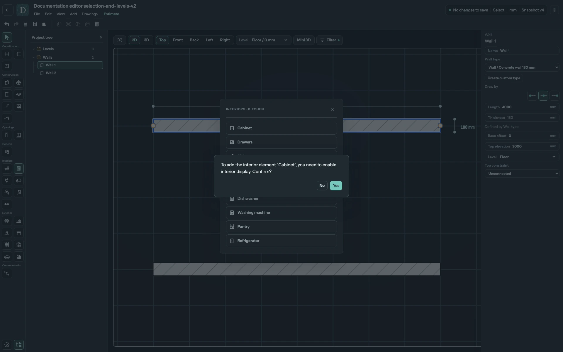 Yes enables Interior display for the requested tool; No leaves the category hidden. Full editor asking whether to enable Interior display before adding a Kitchen module.