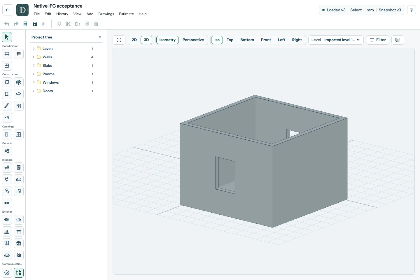 The example contains native Walls, a Slab, a logical Room and empty Door and Window openings. Select each object to edit it with the ordinary controls. Complete editor showing the imported house as ordinary editable objects.
