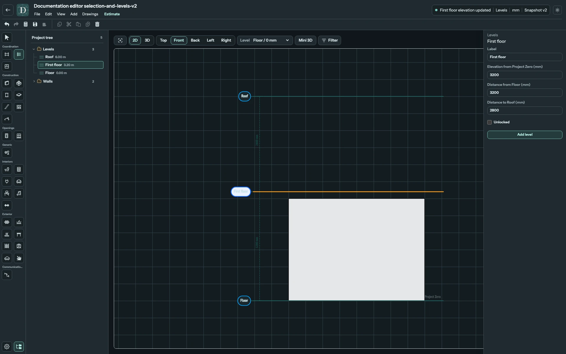 Full Front editor with the selected First floor at 3200 mm, showing both adjacent distance fields and the unchanged Floor and Roof Levels.
