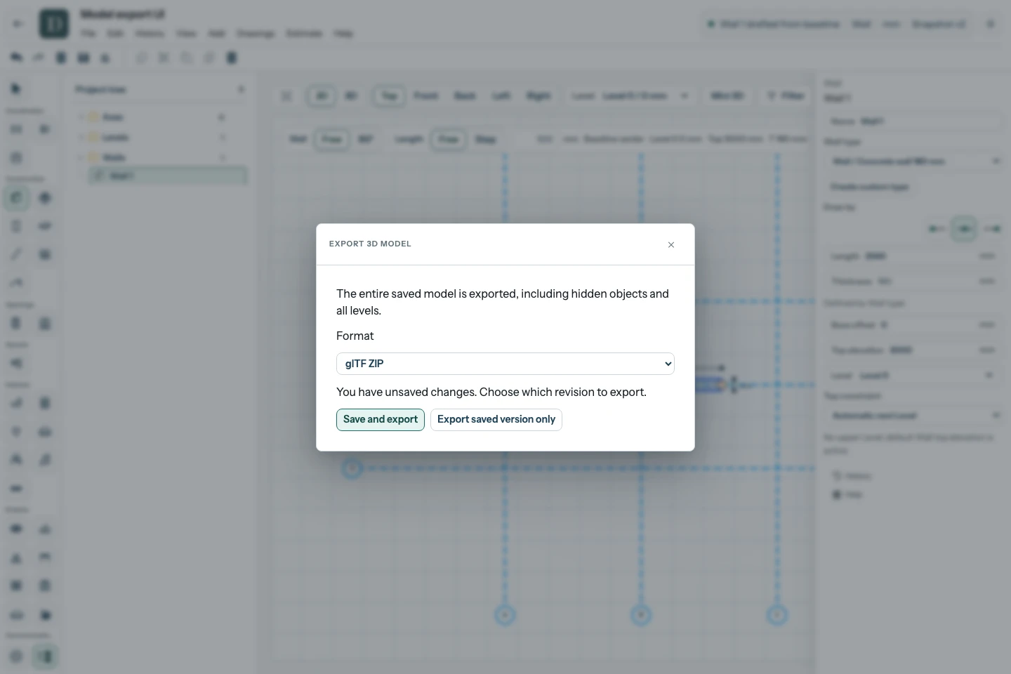 Save and export includes the draft after a successful Save. Export saved version only leaves the draft in the editor. The complete editor with Export 3D model open and two choices for an unsaved draft.