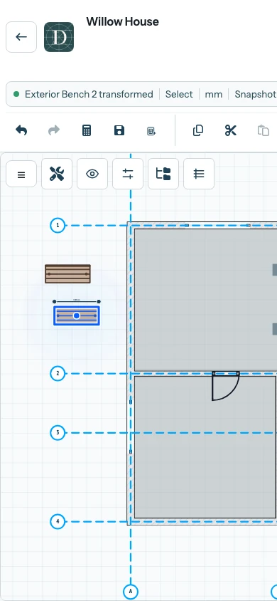 The compact controls sit above the viewport. The entire narrow-screen Willow House editor with its compact icon row above the plan and no panel covering the viewport.