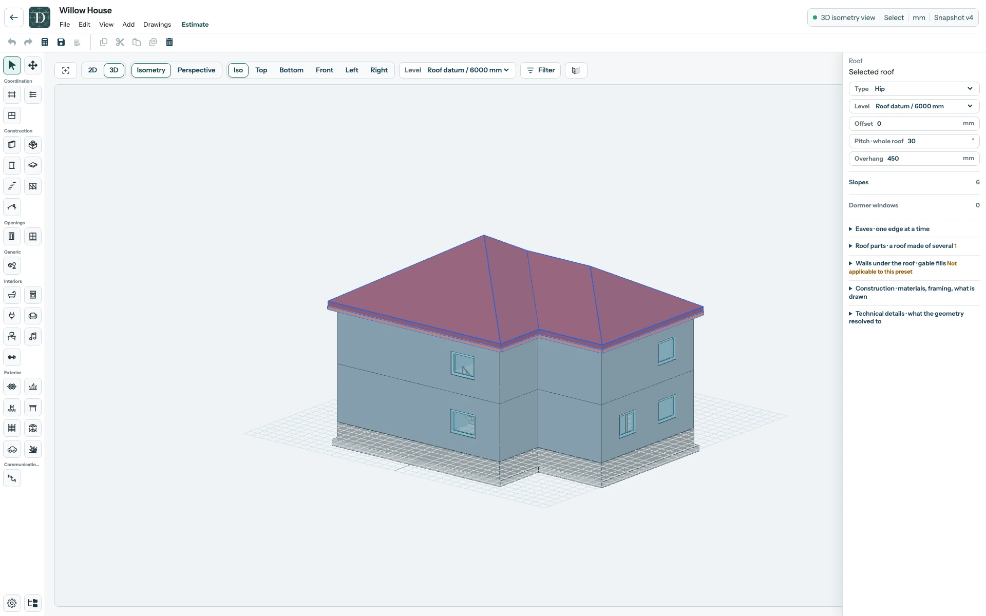 The complete Willow House editor after the Project tree button hides the tree: the 3D canvas is wider, while the tool strip and selected roof settings remain visible.