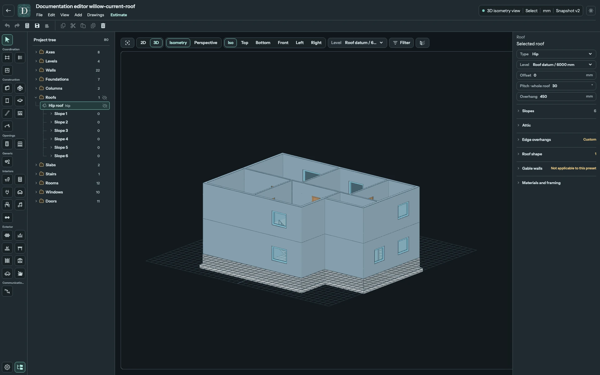 The Roofs group is hidden in the view, not deleted from the project. The complete Willow House editor after hiding the Roofs group. The roof is absent from the 3D view but remains in the Project tree, where the group eye shows it is hidden.